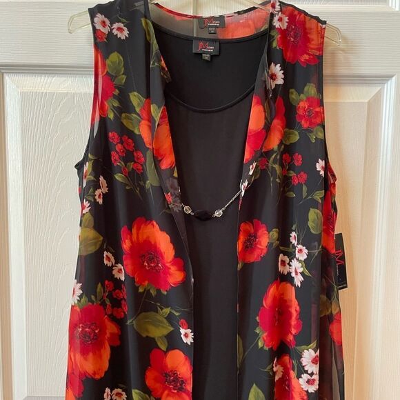 BLACK SLEEVELESS DRESS WIRH BLACK CHIFFON FLOWER PRNT SLEEVELESS DUSTER 1X - Picture 2 of 8